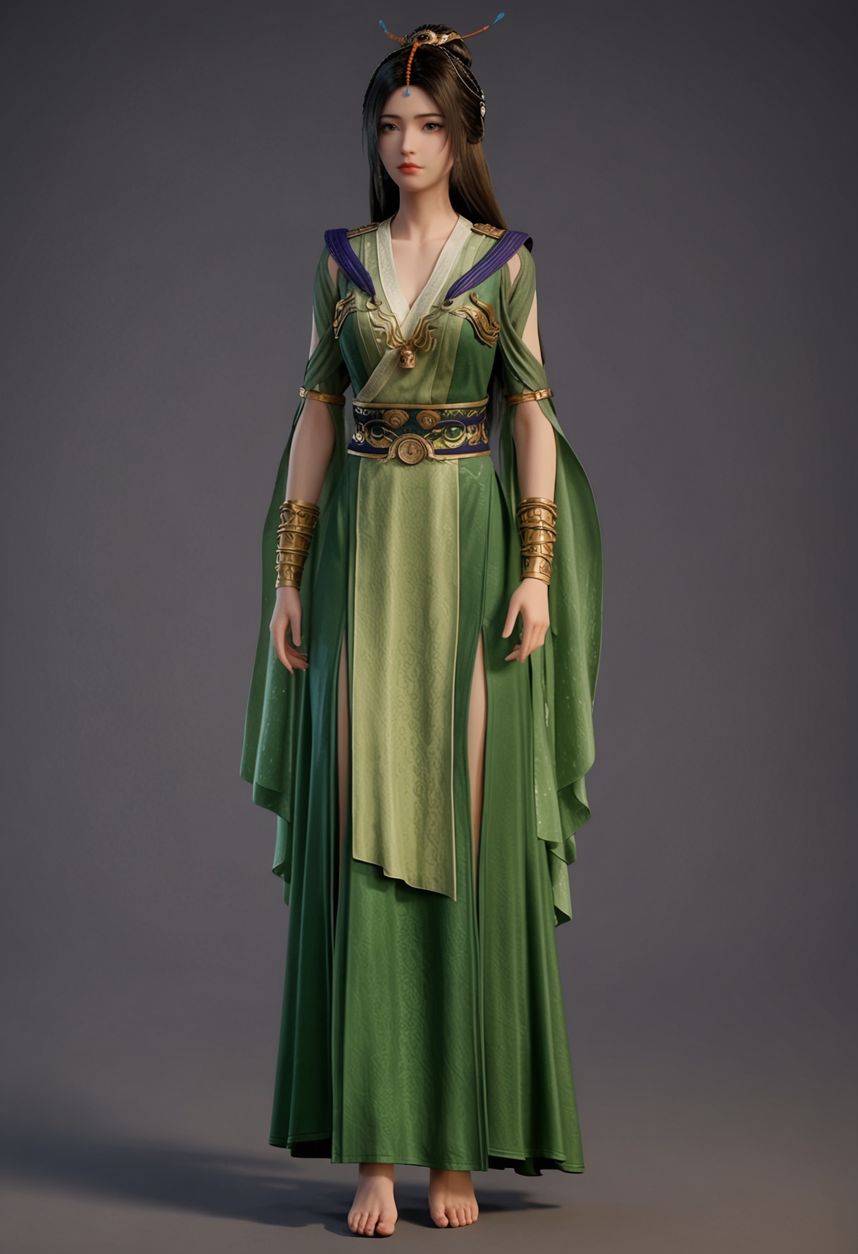 score_9,looking_at_viewer,(large breasts:0.8),liuyu,1girl,solo,black hair,hair ornament,long hair,green dress,realistic,dress,chinese clothes,closed mouth,jewelry,bracelet,sash,hair bun,brown eyes,clothing cutout,barefoot,standing,(simple background,pure black background,black background:1.1),perfect_anatomy,<lora:QQSponyliuyuV1:0.8>,