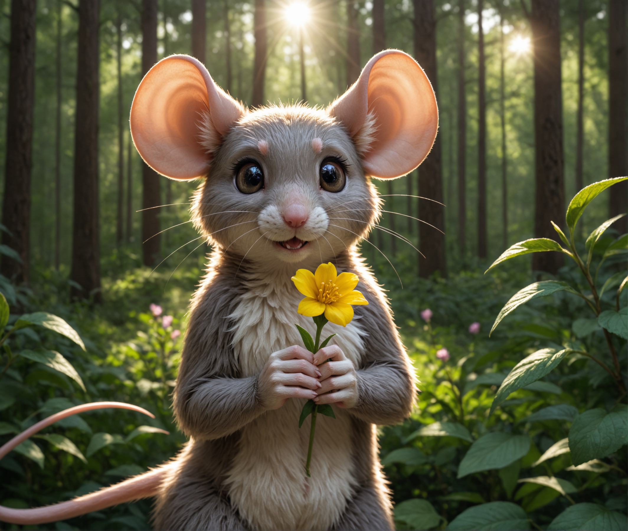 nature shot photo ,  a mouse ,  holding a flower on Tensor.Art