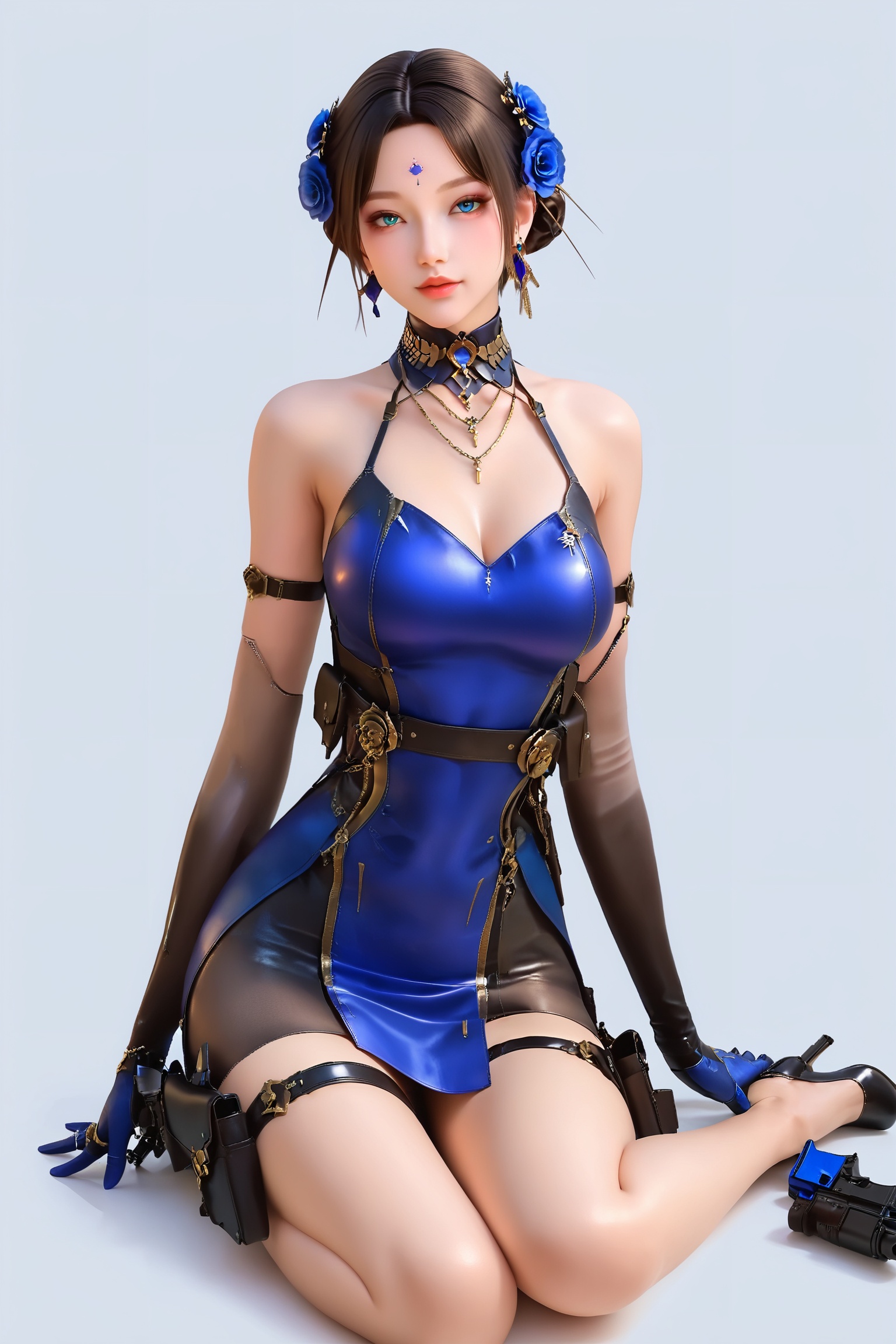 score_9,score_8_up,score_7_up,1girl,solo,jewelry,gun,weapon,dress,breasts,flower,hair ornament,blue flower,necklace,gloves,holster,brown hair,earrings,hair flower,looking at viewer,high heels,elbow gloves,blue dress,thigh strap,blue rose,thigh holster,white background,handgun,forehead mark,<lora:N步练师保卫者THV3:0.8>,