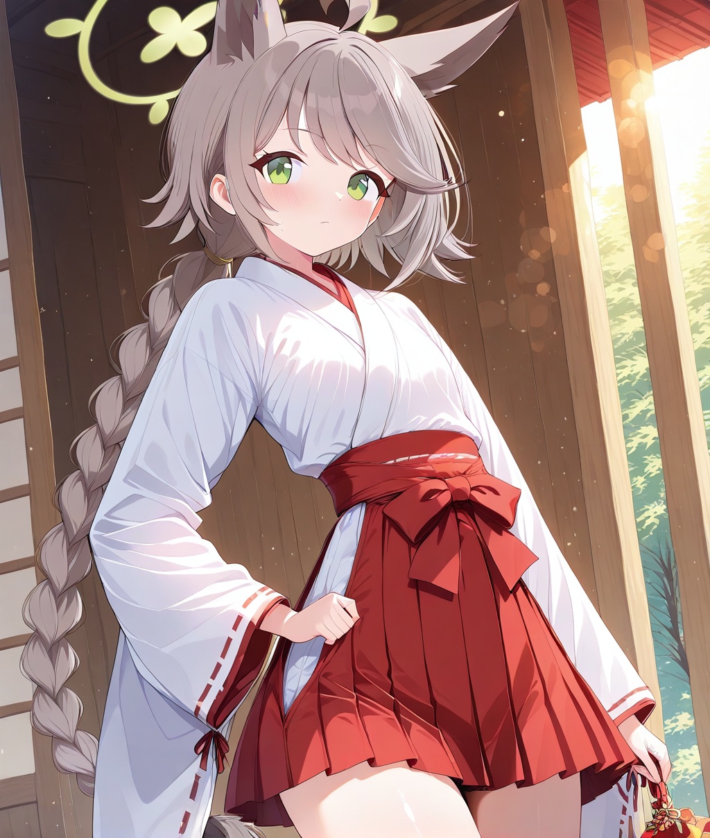 O,ultra detailed anime texture,Otogi(blue archive),Otogi(blue archive),1girl, japanese clothes, solo, green eyes, animal ears, halo, skirt, hakama, looking at viewer, miko, wide sleeves, braid, hakama skirt, ribbon trim, long hair, red hakama, long sleeves, blush, ribbon-trimmed sleeves, bangs, white kimono, closed mouth, hip vent, kimono, grey hair, extra ears, ahoge, single braid, cowboy shot, brown hair, standing, thighs, bow, hakama short skirt,(UHD),accurate,super detail,award winning,high quality,best quality,high details,textured skin,anatomically correct,retina,HD,16k,
