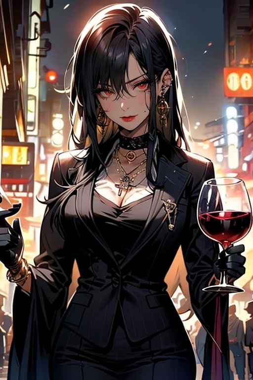 (masterpiece:1.2),best quality,highres,extremely detailed CG,perfect lighting,8k wallpaper,anime,comic,game CG,1girl, jewelry, cup, long hair, black hair, earrings, wine glass, gloves, holding, red eyes, solo, looking at viewer, drinking glass, holding cup, breasts, piercing, black gloves, necklace, cleavage, bracelet, mole, upper body, alcohol, ear piercing, wine, closed mouth, mole under eye, red lips, makeup, dress, blurry, black nails<lora:FF_20240226194024:1>,
