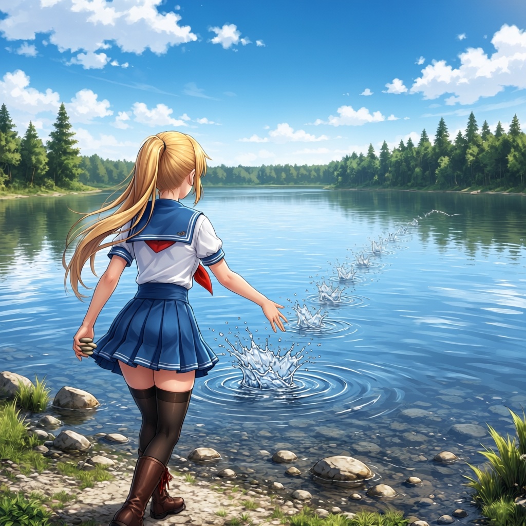 stone skipping,  throwing,  1girl on Tensor.Art