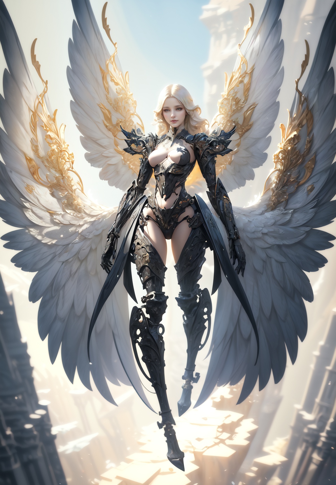 by Charles Schridde,ivory,Terragen,extremely beautiful,intricate details,masterpiece,best quality,Futuristic style,sleek,modern,ultramodern,high tech,detailed,Ornate And Intricate,A biomechanical girl with angel wings,(fantasy art background:1.2),dynamic angle,