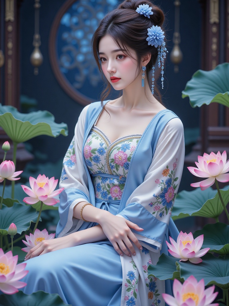 This is a digital painting of a serene Asian woman in traditional Chinese attire. She wears a flowing blue and white gown adorned with floral embroidery,sitting gracefully among blooming lotus flowers. Her dark hair is styled in an intricate updo with blue flowers. The background features a dark,ethereal setting with a blue and gold patterned backdrop.,