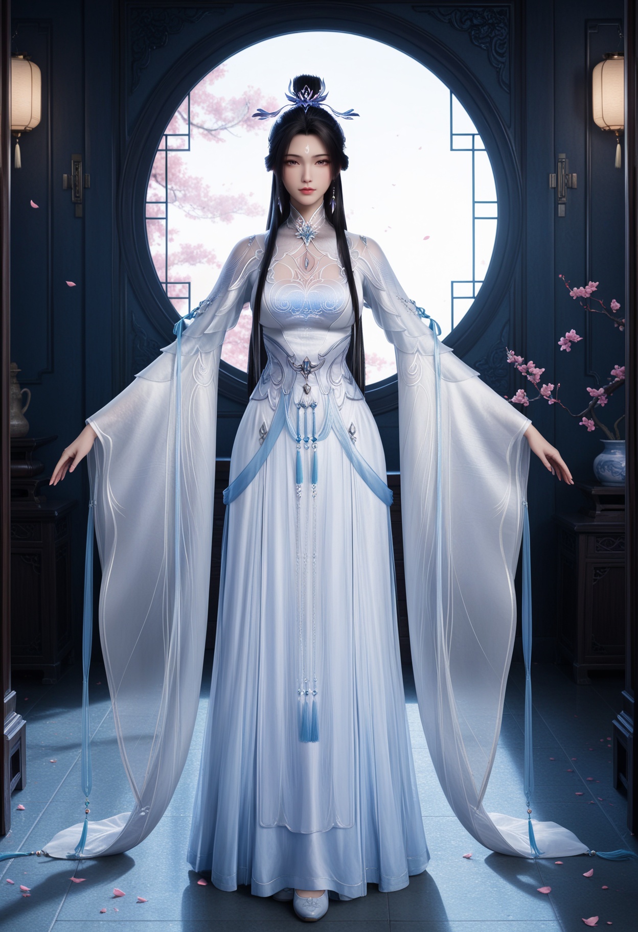 masterpiece,best quality,amazing quality,very aesthetic,high resolution,ultra-detailed,absurdres,scenery,photorealistic,(looking at viewer:1.1),(Dark room:1.3),(moody lighting:1.1),peach blossom,falling petals,(large breasts:0.8),luxueqi,1girl,solo,black hair,long hair,dress,jewelry,earrings,hair ornament,forehead mark,white dress,hair bun,realistic,chinese clothes,shoes BREAK photorealistic details,<lora:QQSillluxueqiV1:0.8>,