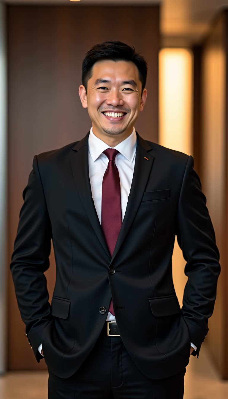 In the company's reception room,a handsome Chinese man is wearing a well-tailored black suit with a burgundy tie,exuding the air of a business elite. He is smiling and welcoming clients,facing the camera,politely handing over his business card,and engaging in friendly conversation with the clients,demonstrating excellent communication skills and professional demeanor.,