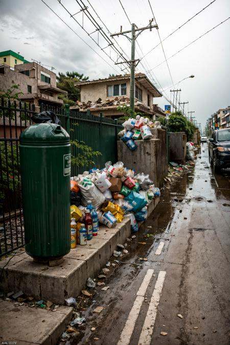 RAW photo,subject,8k uhd,dslr,soft lighting,high quality,film grain,Fujifilm XT3,,ruanyi0042,no humans,bottle,box,bucket,building,cardboard box,cup,fence,food,lamppost,paper bag,plant,plastic bag,power lines,road,rubble,ruins,soda can,street,traffic light,trash bag,tree,window,<lora:0042 garbage city_v2:1>