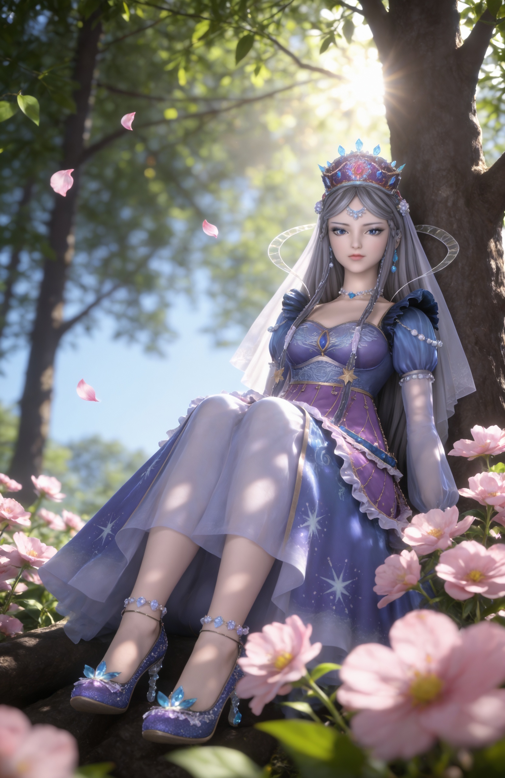 <lora:叶罗丽魔法-时希Pony:0.8> 1girl, long hair, jewelry, grey hair, big eyes,eyelashes,makeup,necklace, blue dress, see-through, long sleeves, puffy sleeves, blue eyes, see-through sleeves, purple dress, braid, veil,high heels,blue footwear,shoes focus,foot focus,from below,legs up,, masterpiece,best quality,amazing quality,very aesthetic,high resolution,ultra-detailed,absurdres,scenery,photorealistic,looking at viewer,moody lighting,peach blossom,falling petals,realistic,photorealistic details,, 1girl, flower, sitting, solo, blurry, yellow flower, blurry background, outdoors, sunlight, looking at viewer, nature, depth of field, arms at sides, leaf, tree, light rays, plant, feet out of frame, day,