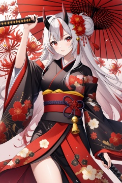 1girl, solo, long hair, looking at viewer, bangs, hair ornament, red eyes, long sleeves, holding, weapon, flower, white hair, grey hair, red hair, multicolored hair, frills, parted lips, japanese clothes, horns, sword, virtual youtuber, hair flower, wide sleeves, kimono, off shoulder, hair bun, holding weapon, arm up, streaked hair, sash, bell, gradient hair, umbrella, holding sword, obi, floral print, katana, frilled sleeves, red flower, sheath, tassel, oni horns, oni, holding umbrella, oil-paper umbrella, black kimono, spider lily, nakiri ayame