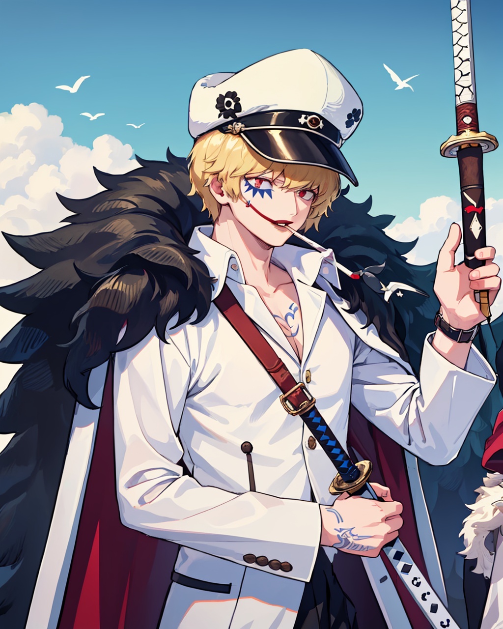 masterpiece,best quality, highly detailed, donquixote rocinante,male focus, sleeves rolled up, 2boys, tattoo, hat, shirt, sheathed, mouth hold, holding sword, fur cape, weapon over shoulder, makeup, fur coat, smoking, cigarette,<lora:donquixote_rocinante:1>