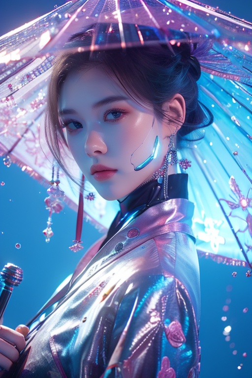 a beauty,light pink,colorful,dopamine,Cyberpunk beauty,, umbrella,<lora:20240218-1708234260649:0.7>, <lora:lora_美女大胸写实:0.4>, <lora:meinv123:0.6>