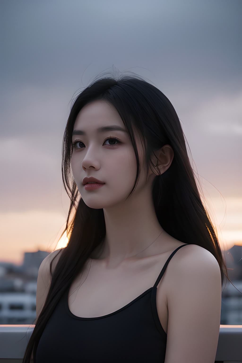 <lora:0809_01:0.7>,Frontal photography,Look front,evening,dark clouds,the setting sun,On the city rooftop,A 20 year old female,Black top,Black Leggings,black hair,long hair,dark theme,muted tones,pastel colors,high contrast,(natural skin texture, A dim light, high clarity) ((sky background))((Facial highlights)),, 1girl,realistic,masterpiece, best quality, photorealistic, HDR,detail
