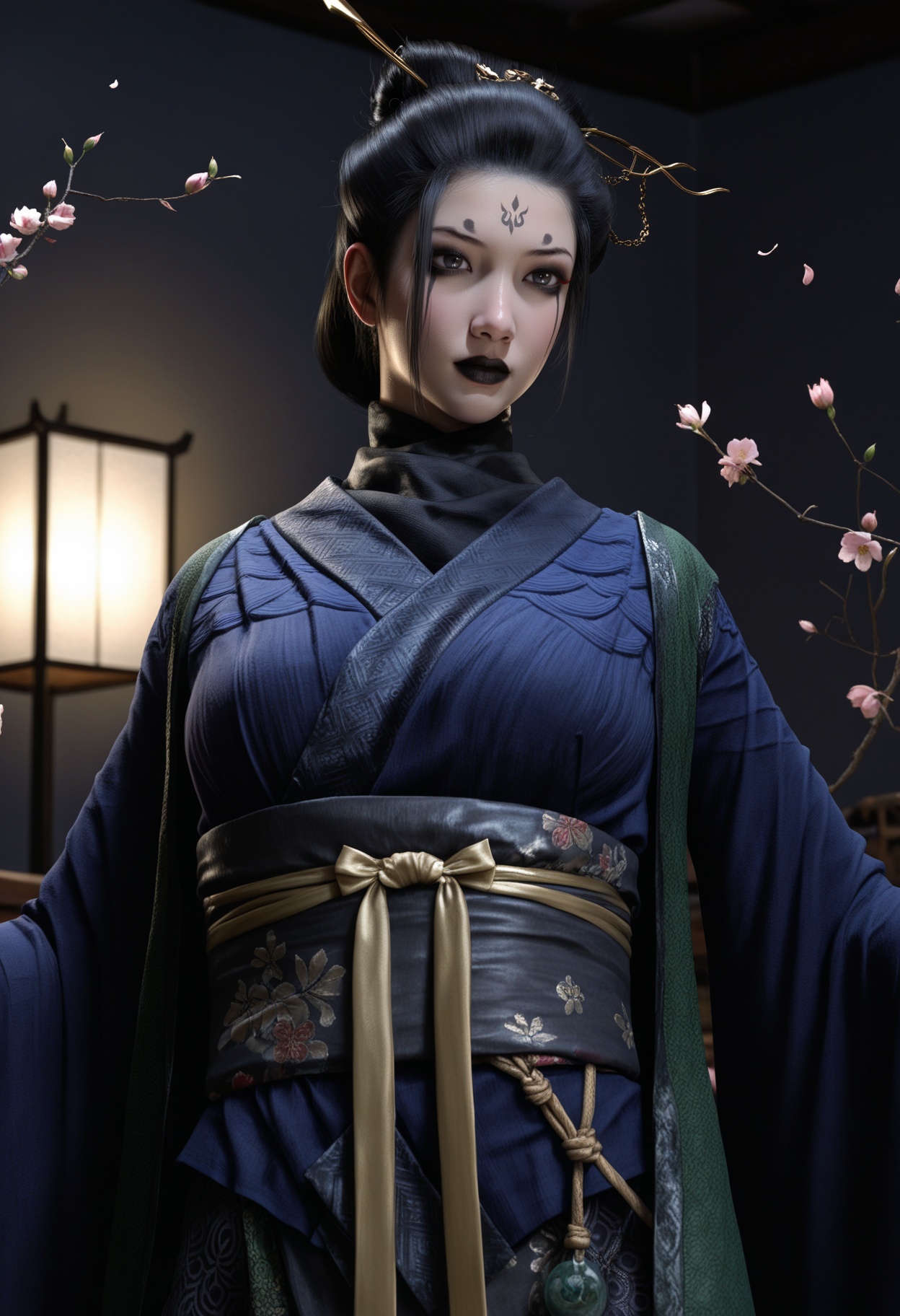 masterpiece,best quality,amazing quality,high resolution,ultra-detailed,absurdres,(looking at viewer:1.1),upper body,(Dark room:1.3),(moody lighting:1.1),peach blossom,falling petals BREAK large breasts,foursister,solo,1girl,black hair,facial mark,forehead mark,hair ornament,hair bun,hair stick,chinese clothes,sash,belt,toeless legwear,black_eyeshadow,black lips,Willow-shaped eyebrows,glamor,puffy breasts,pointy_breasts BREAK photorealistic details,<lora:QQSillfoursisterV1:0.8>,