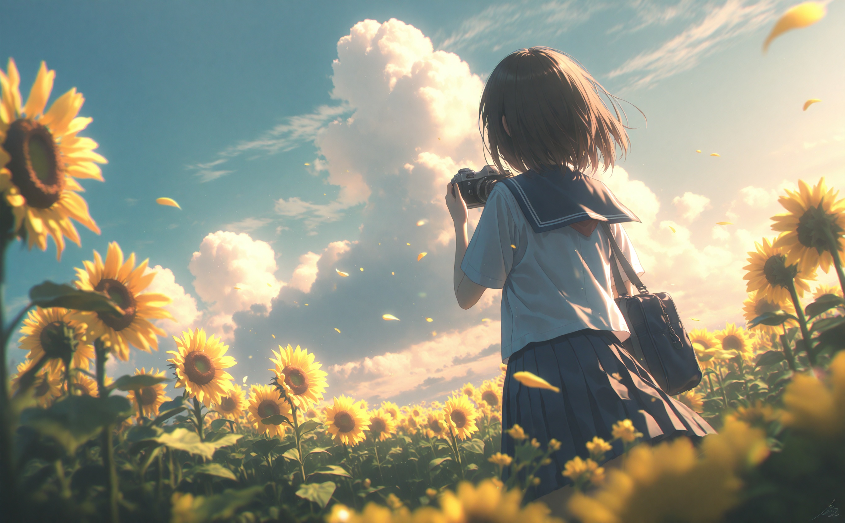 masterpiece,absurdres,best quality,loli,petite,high quality,chromatic_aberration,cinematic_angle,dutch angle,//1girl,sunflower,outdoors,flower,sky,cloud,solo,school uniform,scenery,skirt,petals,bag,serafuku,blue sky,sunflower field,brown hair,blue skirt,sailor collar,field,short hair,flower field,day,white shirt,pleated skirt,shirt,summer,yellow flower,blue sailor collar,school bag,cloudy sky,from behind,falling petals,short sleeves,signature,standing,wide shot,medium hair,facing away,holding,hand up,sunlight,shoulder bag,wind,cumulonimbus cloud,black sailor collar,leaf,blurry foreground,black skirt,black hair,cowboy shot,blurry,camera,sailor shirt,holding camera,plant,uniform,<lora:Fumyun-000030:0.6>,<lora:konya666up-000025:0.6>,