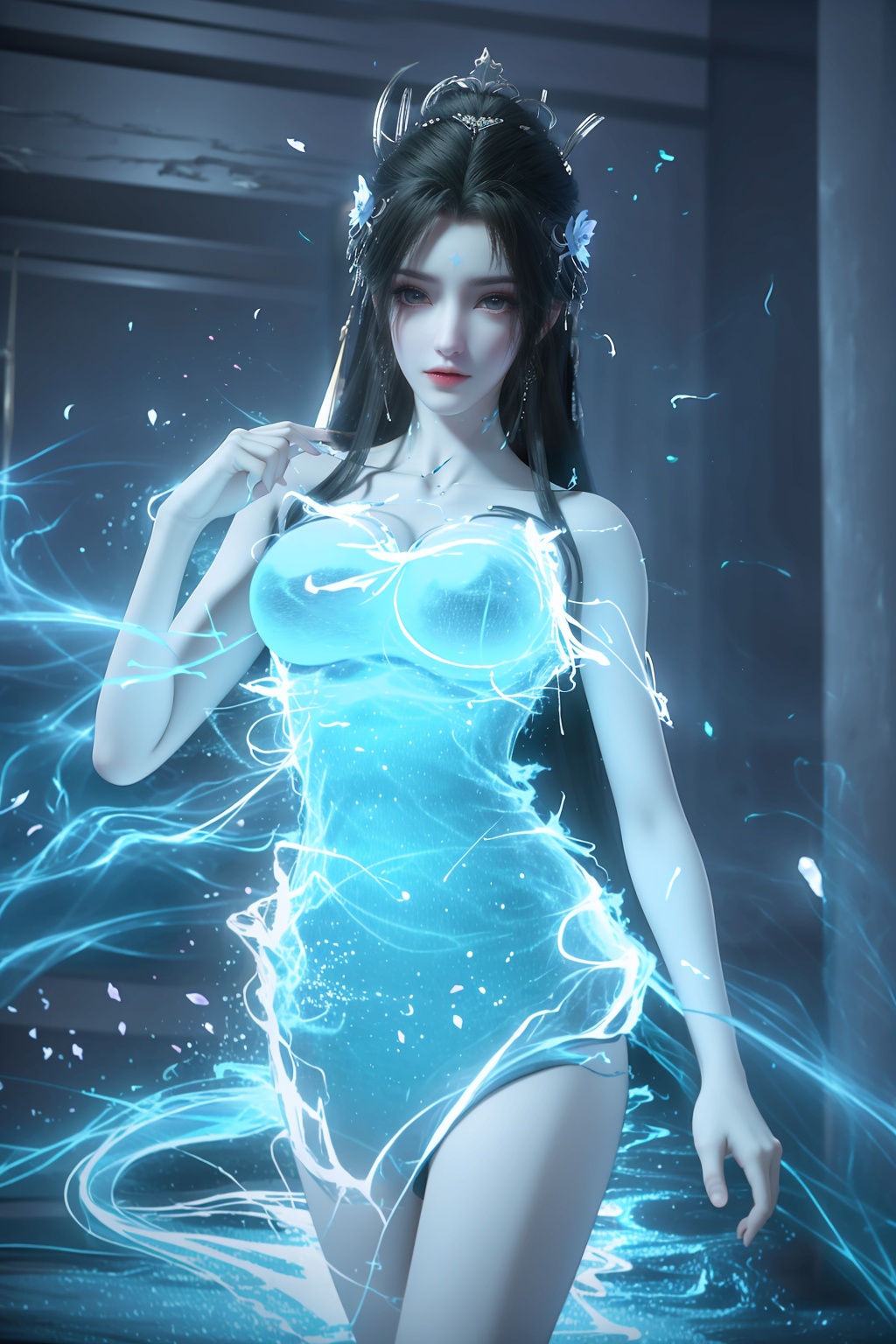 (8k, RAW photo, best quality, masterpiece:1.2),hatching (texture),skin gloss,light persona,artbook,extremely detailed CG unity 8k wallpaper,official art,(high detailed skin),glossy skin,contrapposto,female focus,sexy,fine fabric emphasis,wall paper,1girl,solo,looking at viewer,ribbon,flower,petals,qy-hd,<lora:0406蓝衣清漪64:0.8>,ll-hd,<lora:1111白皙质感:0.5>,ty-hd,ty-hd,<lora:0110田野:0.6>,