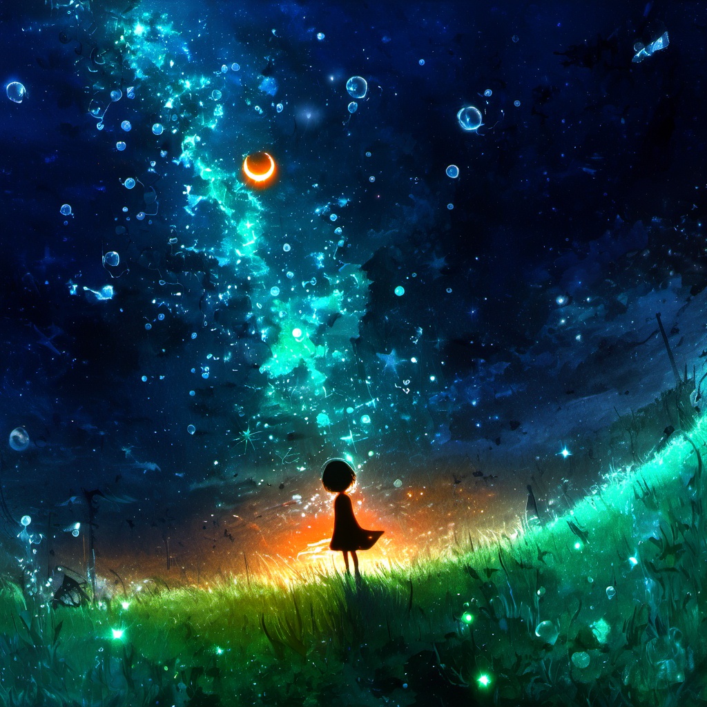 <lora:star_xl_v3:1>,silhouette painting, ethereal ambiance, 1girl, solo, short hair, blue and orange theme, dress, outdoors, sky, cloud, water, night, glowing, halo, moon, star \(sky\), night sky, scenery, starry sky, city, fantasy, horizon, cityscape, surreal, black hair, standing, building, fish, a thick beam of light shot from the grass into the sky, a radiant blue moon in the sky surrounded by a myriad of stars and nebulae and other cosmic elements, there's a vast expanse of space filled with stars and a few celestial bodies, a mix of rocky terrain and magma, a silhouette of a child with a glowing green aura and glowing legs standing on the ground and  surrounded by bubbles which floating in the air, soft ethereal light