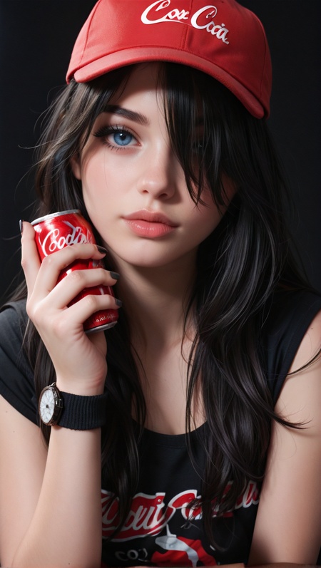 score_9, score_8_up, score_7_up, black background,goth 1girl, baseball cap, black hair, black nails, blue eyes, can, coca-cola, face, hair over one eye, hat, holding, holding can, lips, long hair, looking at viewer, product placement, realistic, red headwear, soda can, solo, watch, wristband, wristwatch