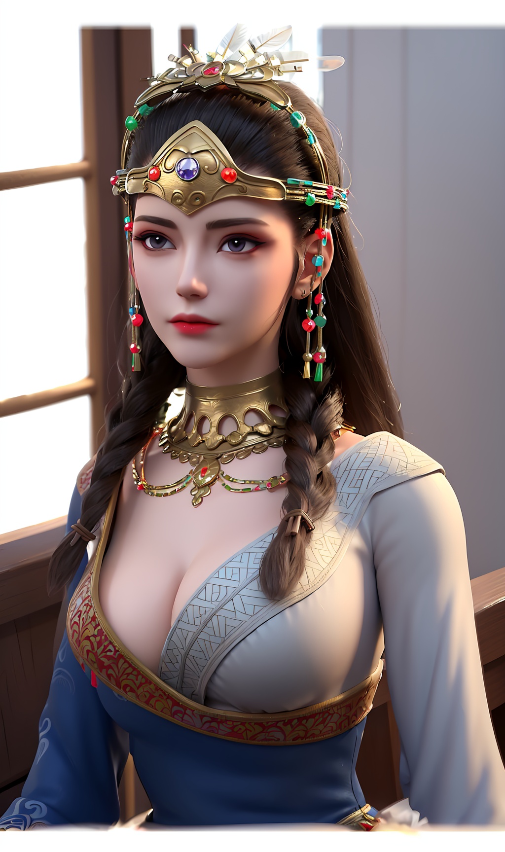 3D,masterpiece,(best quality),(makeup),official art, extremely detailed cg 8k wallpaper,((crystalstexture skin)), (extremely delicate and beautiful),(highly detailed),(face),(collar),(gold_trim),(headdress),,(gloves),(cleavage),(white_feather),(tiara),(1girl), (solo), (jewelry), (earrings),(black_hair),(long_hair),(hair_ornament),(handwear),(breasts),((upper_body)),(closed_mouth),(chinese_clothes),(dress),,(multicolored_clothes),(multicolored_dress),(shiny_clothes),(city,indoor),(long_sleeves),,((looking_at_viewer)),((Facing the camera)),, <lora:hipoly3DModelLora_v10:0.3>