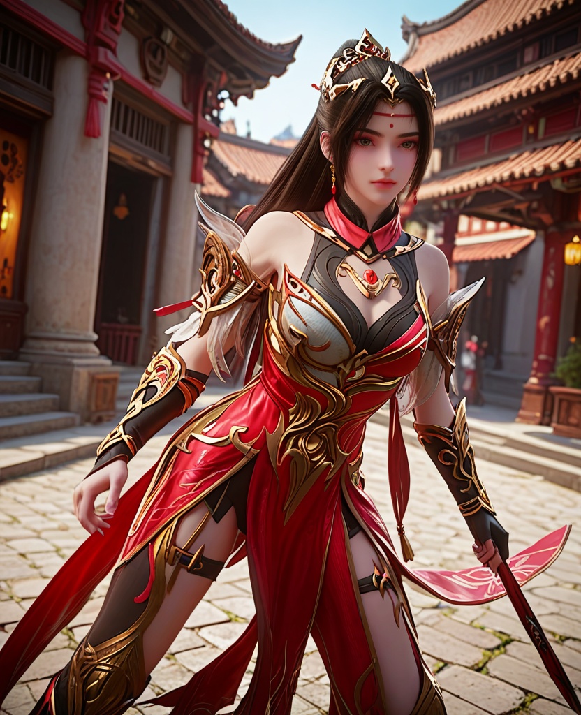 (oriental architecture, elegant decor, sophisticated style:1.1),practicing yoga, tree pose,(breasts:1.2),<lora:XL完美世界火烁>,miss huoshuo,solo,red dress with black lining underneath,bare shoulders,vambraces,armored gloves,greave,brown eyes,forehead mark,black hair,half tied ponytai,earrings,jewelry,leather pants,clothing cutout,, zPDXL2, score_9, score_8_up, score_7_up BREAK realistic, masterpiece,best quality, highly detailed,, zPDXL3, zPDXL2,zPDXL, zPDXLxxx, zPDXLrl,