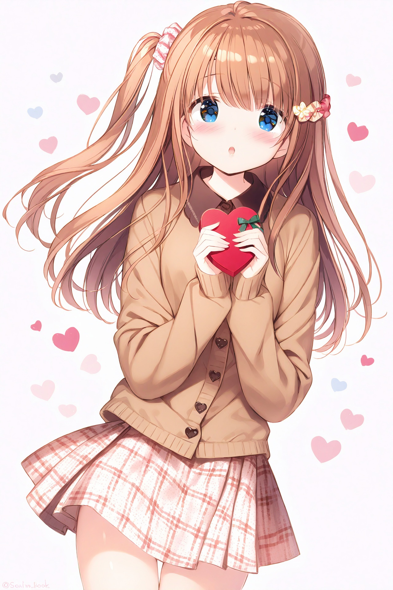 masterpiece,best quality,high quality,(colorful),1girl,solo,blush,long hair,white background,hair ornament,holding,skirt,long sleeves,blue eyes,looking at viewer,shirt,one side up,brown hair,valentine,simple background,gift,parted lips,brown shirt,:o,holding gift,chocolate,collared shirt,scrunchie,heart,sleeves past wrists,box,food,hair scrunchie,gift box,twitter username,print skirt,