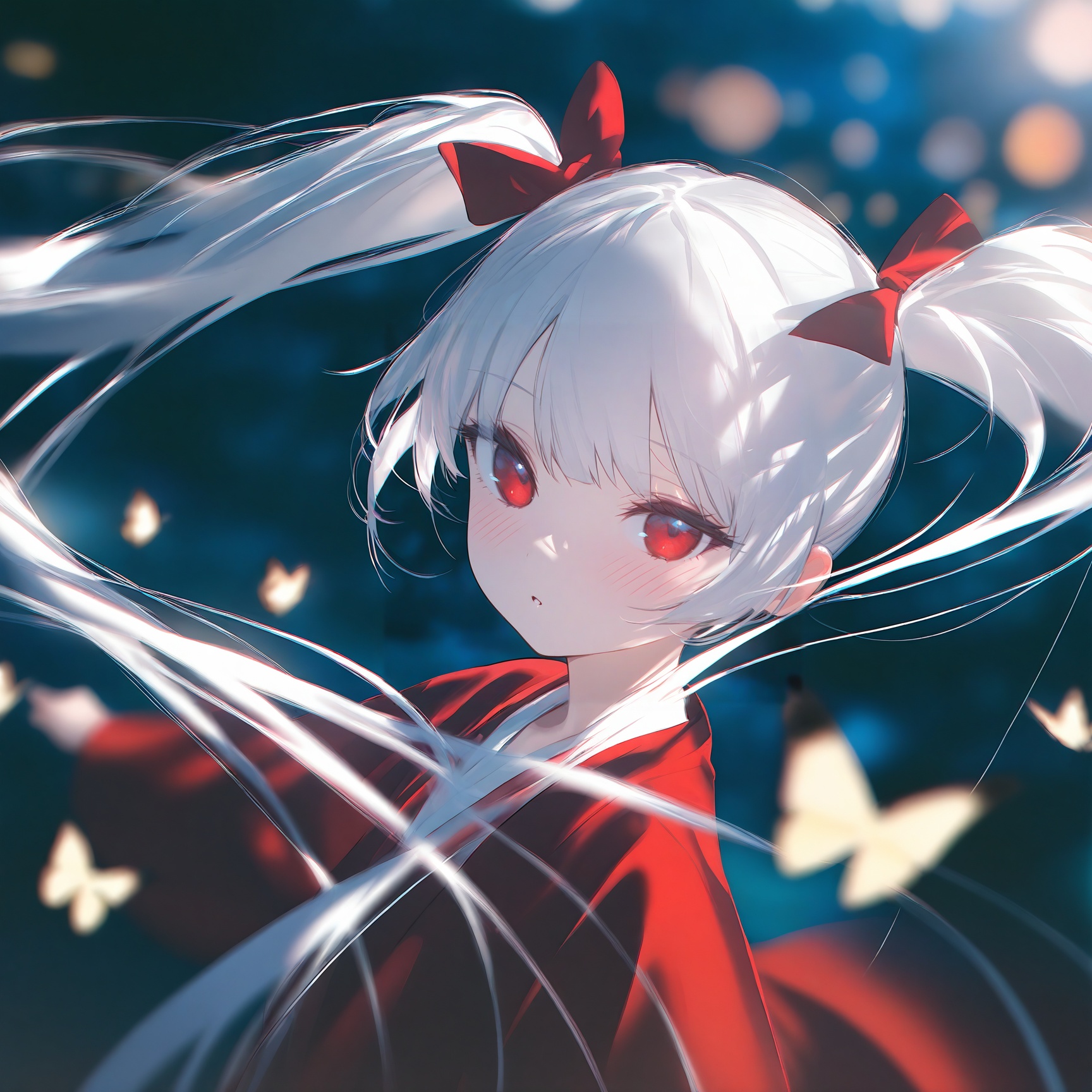 masterpiece,best quality,high quality,loli,chromatic_aberration,//,night,1girl,solo,long hair,looking at viewer,blush,bangs,red eyes,long sleeves,twintails,very long hair,upper body,white hair,hair bow,parted lips,hanfu,Red Hanfu,blurry,:o,floating hair,depth of field,animal,bug,butterfly,//,//,official art,depth of field,detailed light,blurry background,cinematic lighting,ray tracing,ultra detailed,god rays,backlighting,photo background,film grain,chromatic aberration,volumetric lighting,depth of field,blurry background,shiny skin,floating hair,cinematic lighting,day,very aesthetic,//,<lora:MAQ1109——【noob】hans:1>,