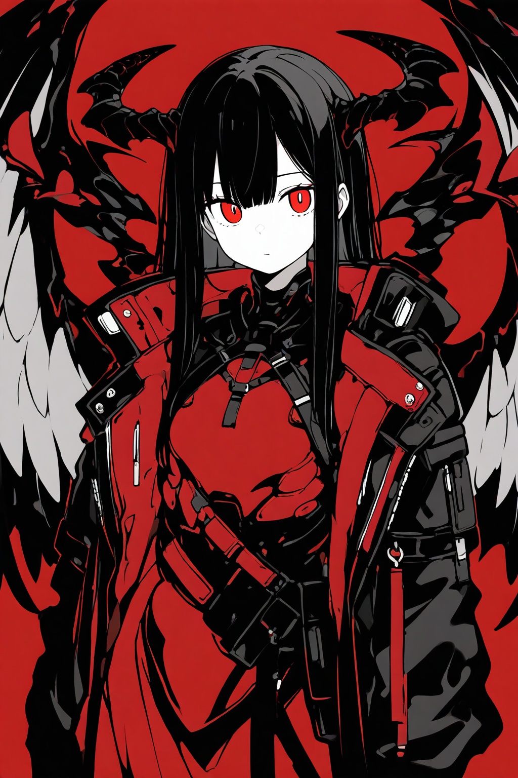 1girl,red background,solo,horns,looking at viewer,long hair,simple background,closed mouth,wings,red eyes,red theme,sidelocks,limited palette,sketch,greyscale with colored background,black hair,jacket,best quality,amazing quality,very aesthetic,