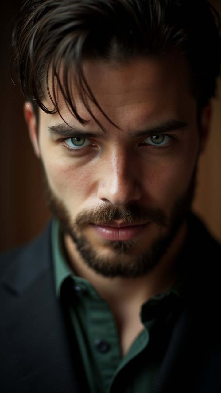Portrait,  In this stunning close-up shot,  the famous Mind reader of a well-dressed Yoshihiro with a Ikureo brown beard a...