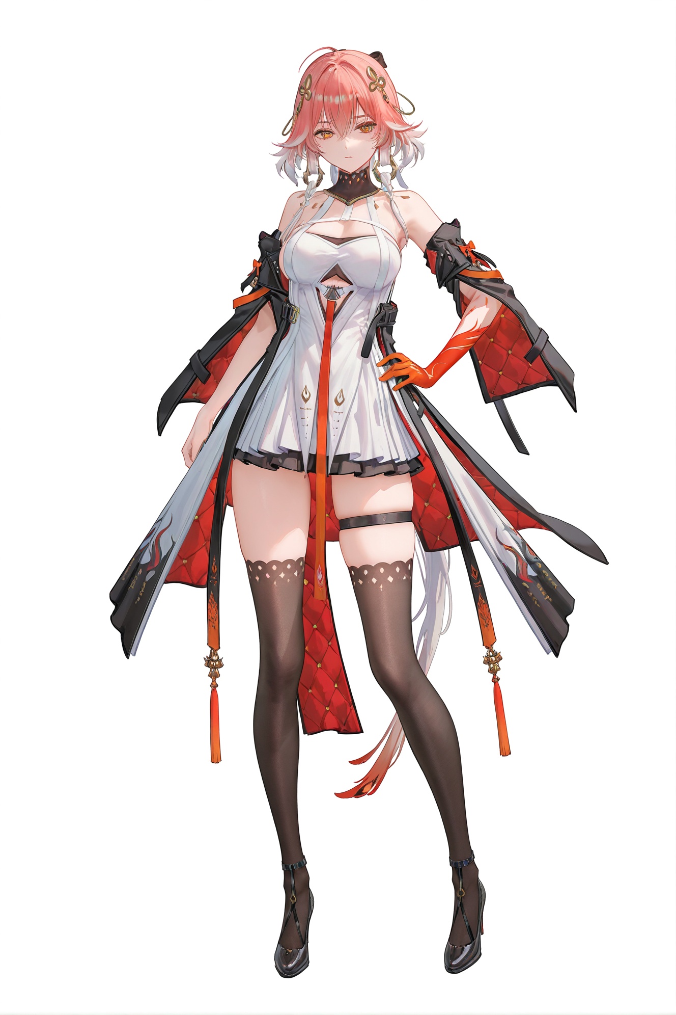 8k,best quality,masterpiece,(ultra-detailed),(high detailed skin),((artist:reoen),(artist:fuzichoco),(artist:atdan),(artist:torino_aqua),year 2024:0.8)1girl,[artist:wlop],[artist:ningen_mame],artist:ciloranko,[[artist:rhasta]],artist:tidsean,colorful,full body,full shot,standing,looking at viewer,(solo:1.2),simple background,(white background:1.2),hand on own hip,(white background:1.1),<lora:changli-ill-Tanger:0.8>,changli,  skirt, default clothes, detached sleeves, balck coat, red single glove, 1girl, breasts, thighhighs, black footwear,