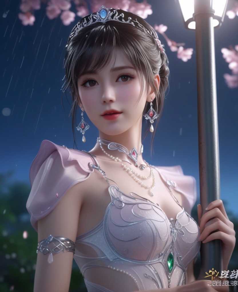 <lora:595-DA-XL-斗罗大陆-小舞-神界服装:0.8>(,1girl, ,best quality, ),looking at viewer, ,ultra detailed 8k cg, ultra detailed background,  ultra realistic 8k cg,          cinematic lighting, cinematic bloom, (( , )),,  , unreal, science fiction,  luxury, jewelry, diamond, pearl, gem, sapphire, ruby, emerald, intricate detail, delicate pattern, charming, alluring, seductive, erotic, enchanting, hair ornament, necklace, earrings, bracelet, armlet,halo,masterpiece, (( , )),,  ,cherry blossoms,(((, night,night sky,lamppost,  ultra high res, (photorealistic:1.4), raw photo, 1girl, , rain, sweat, ,wet, )))(( , ))   (cleavage), (), 