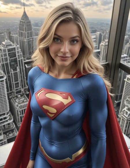score_9, score_8_up, score_7_up, Anime Style, Portrait, Supergirl, cute, seductive, innocent, light smile:0.3, plump lips, slender body, blonde long hair, in high detailed Supergirl suit, red cape, gold ornate, gold embedded, floating above the skyscrapers, in dynamic pose, city skylines Background, depth of field, dynamic angle, fashion photography, sharp, hyperdetailed:1.15