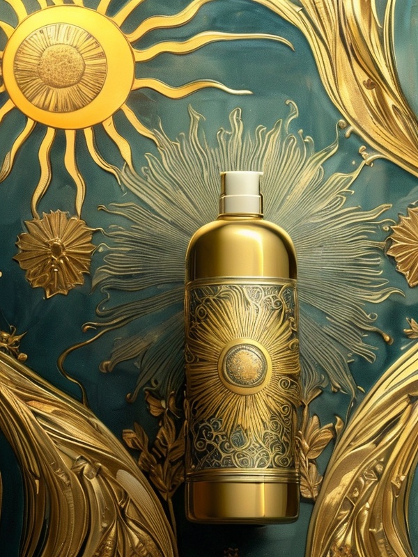 A luxurious cosmetic bottle with an intricate Art Nouveau-inspired sun relief background,showcasing smooth reflective surfaces and detailed embellishments,exuding elegance and early 20th-century artistic charm,high-quality full shot body photo of a sophisticated art nouveau inspired cosmetic bottle against a luxurious sun relief backdrop,polished surface,delicate patterns,flowing lines,noble and elegant scene,early 20th century art ambiance,<lora:阳光浮雕包装容器_V1-000008:1>,