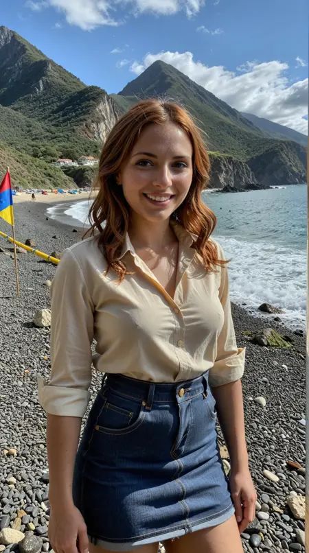 An ***** woman, {A professional abstract closeup photo of a latina woman, with Copper hair  and a Twirled Ends hairstyle, , , happy and smiling, wearing Knee-length denim skirt with a tucked-in blouse. after insertion, toy job., island mountain top with ocean view and fluttering prayer flags, detailed background