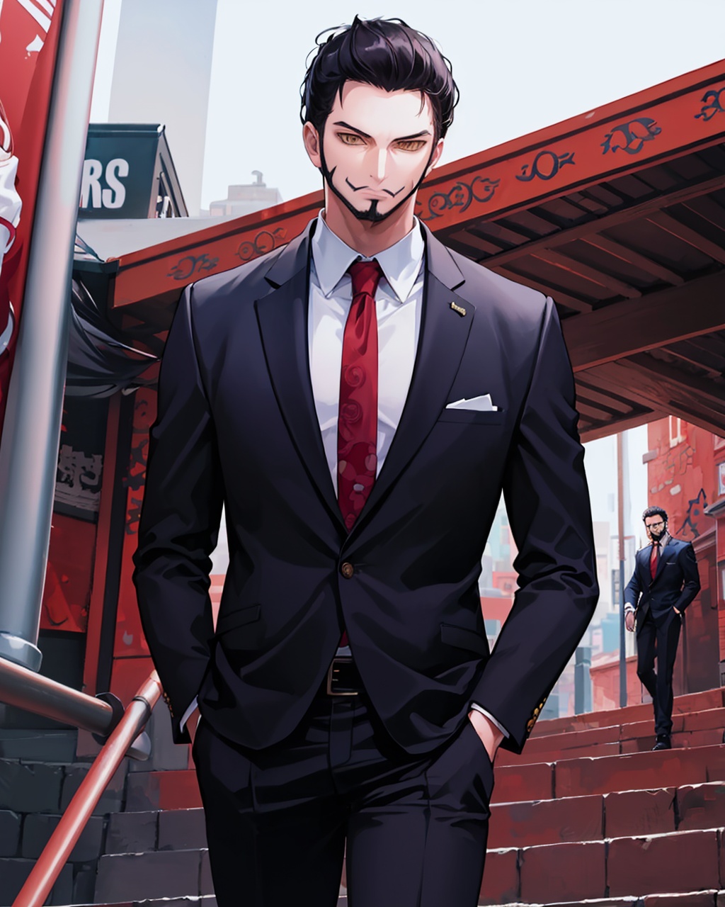 masterpiece,best quality, highly detailed, dracule mihawk,male focus, 1boy, formal, suit, beard, jacket, hand in pocket, red necktie, shirt, gloves, walking,<lora:dracule_mihawk:1>
