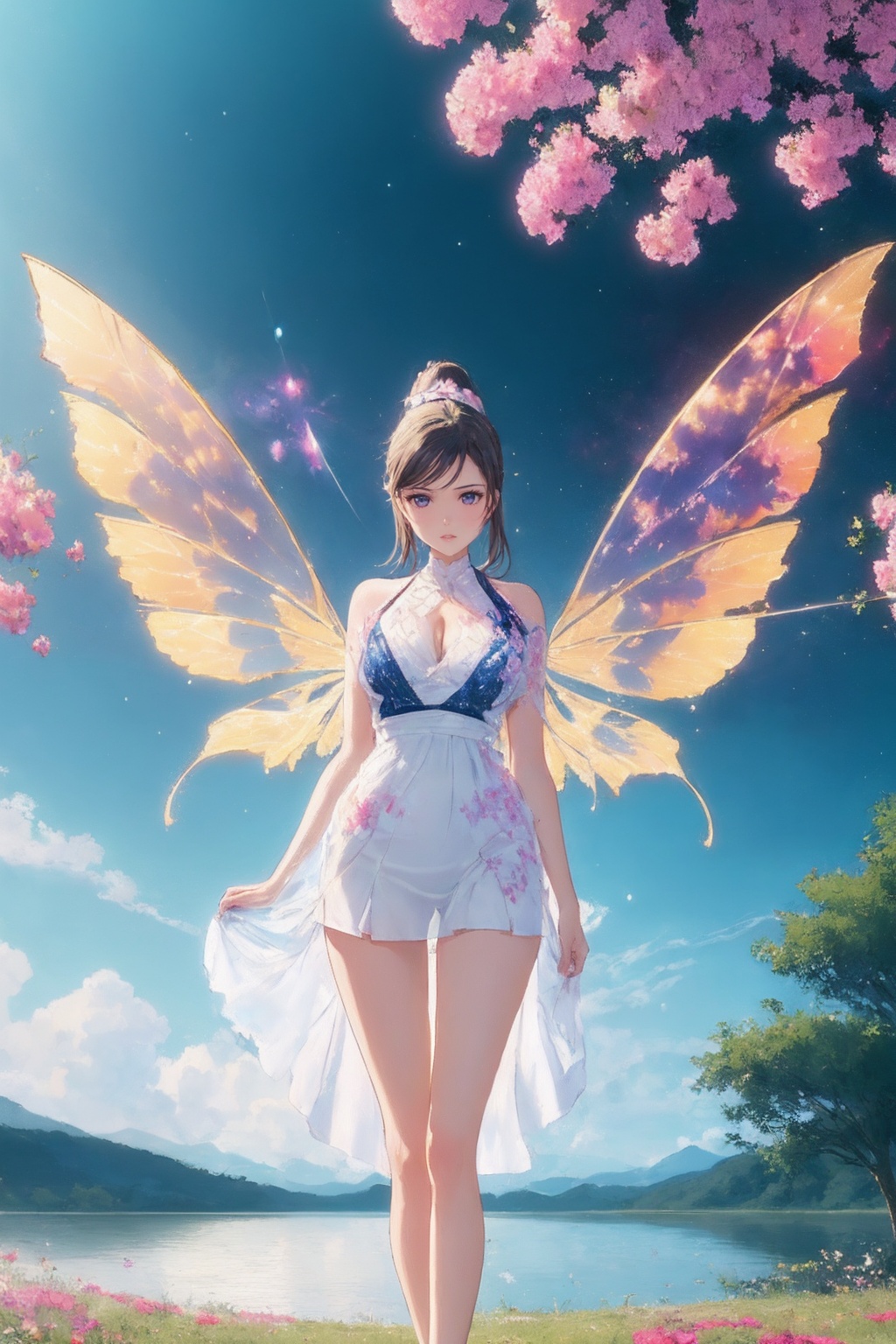 1girl,white see-through dress,short skirt,(very long legs:1.1),(legs apart:1.2),cleavage,tattoo,nebula,(painted clothes:1.3),standing,(transparent wings:1.3),high heels,high ponytail hanging down to the shoulders,lake,flowers,flowers meadows,grasslands,day,sunny sky,outdoors,<lora:Again_Style_2:1>