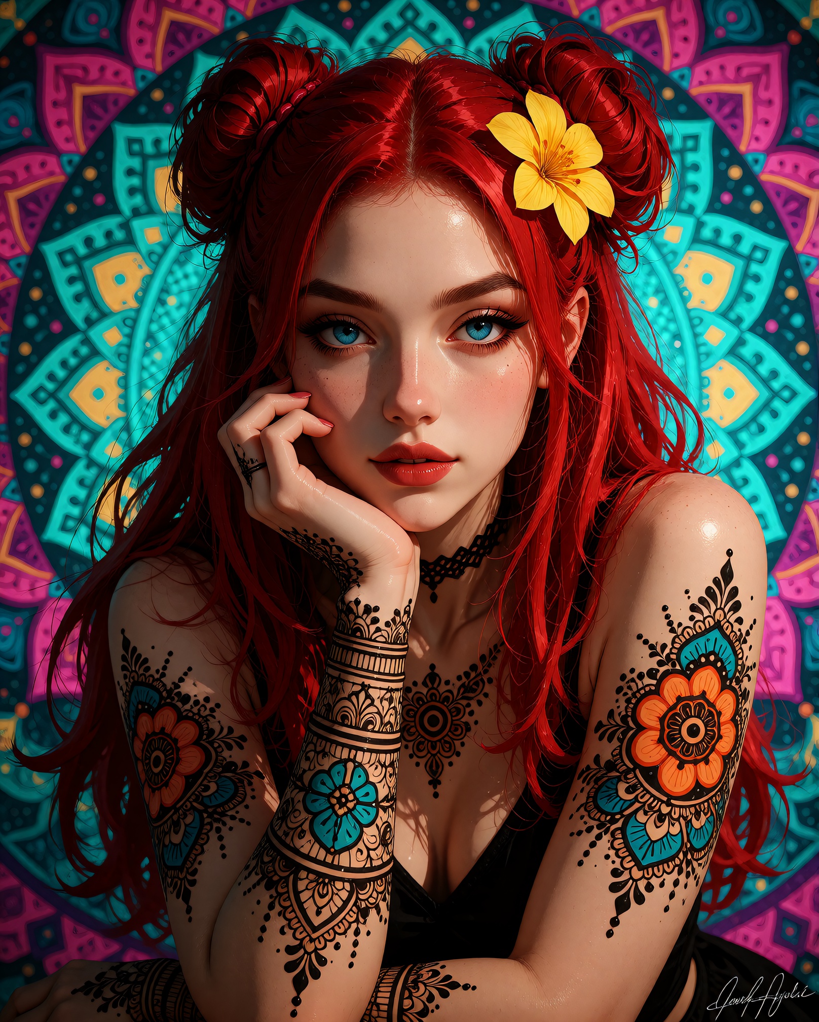 A beautiful ***** woman with long,  vibrant red hair styled in two buns,  adorned with a yellow flower in her hair. she ha...
