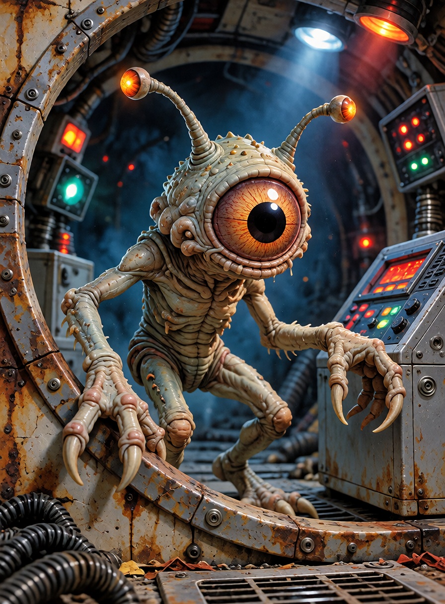 A tiny bug-eyed alien scavenger hiding in a rusted spaceship maintenance tunnel,  rubbery skin,  thin limbs on Tensor.Art