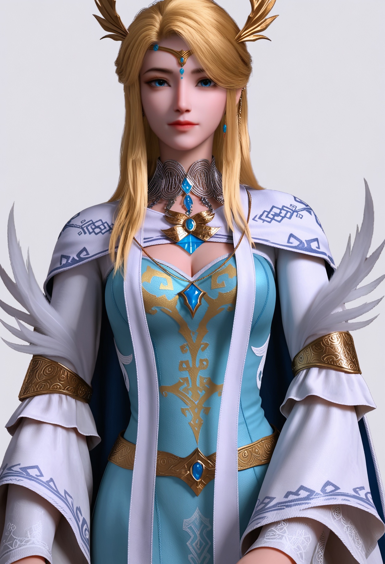 score_9,high detail,best quality,shiny skin,shiny,weiluonika,1girl,solo,blue eyes,blonde hair,long hair,white background,jewelry,dress,hair ornament,closed mouth,simple background,cape,realistic,circlet,breasts,earrings,blue dress,feathers,cleavage cutout,cleavage,long sleeves,looking at viewer,thighs,<lora:QQSponyweiluonikaV1:0.8>,<lora:Pony_DetailV2.0:0.8>,<lora:皮肤凹痕:0.1>,