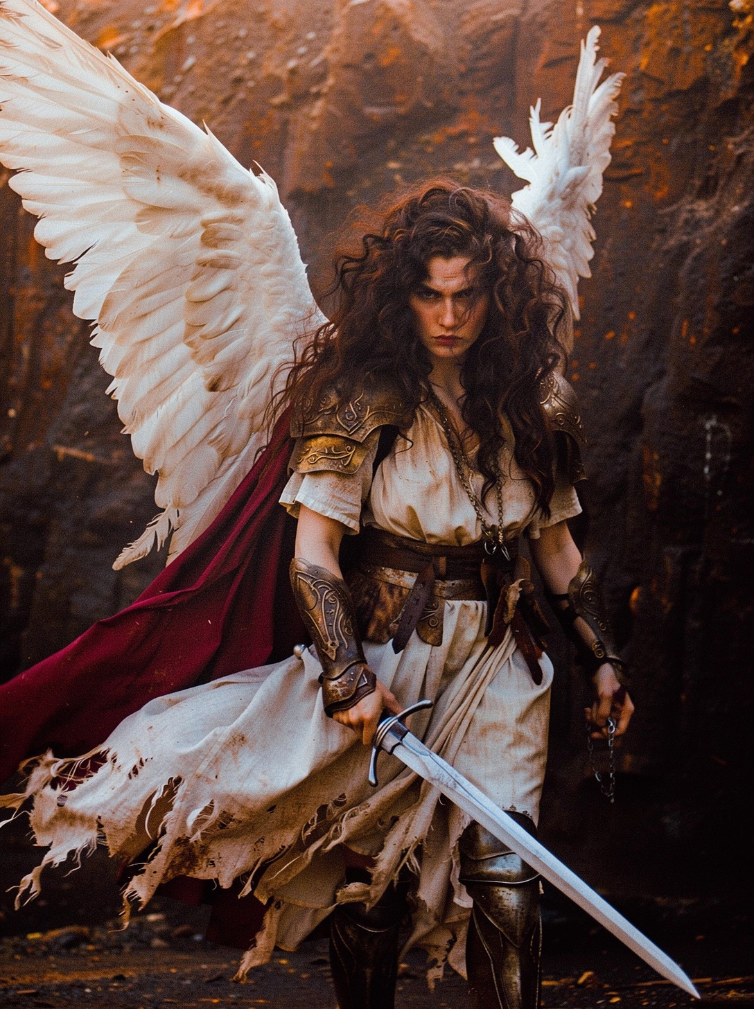 A real photograph shot on 35mm film of an ***** woman dressed as a warrior angel,  standing among dark,  rugged rock cliff...