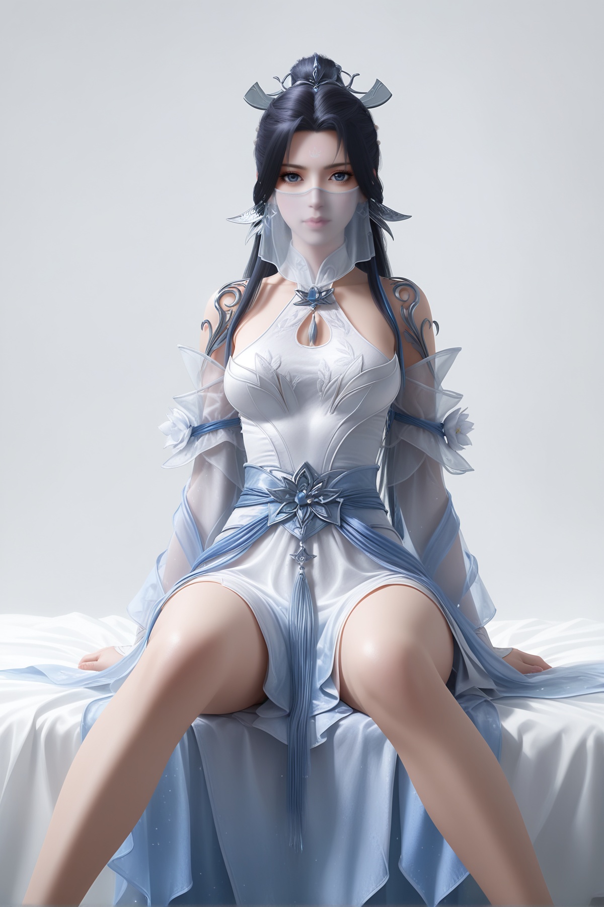 masterpiece,best quality,realistic,cinematic,detail eyes,(ultra-detailed),perfect composition,intricate details,absurdres,detailed face,high quality,high res,8K,<lora:X_linqingzhu_x_IL3.0:0.8>,black hair,blue eyes,forehead mark,veil,1girl,long hair,breast,medium breast,hair_ornament,dress,white_dress,bare_legs,sitting,simple background,white_background,bed,looking_at_viewer,