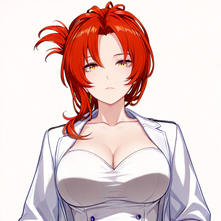 masterpiece, best quality,solo,(white background:1.2),simple background,1girl,looking at viewer,    game_cg_style,murata himeko,folded ponytail,cleavage,yellow eyes,red hair,long hair,breasts,bangs,parted bangs,<lora:JIZI-ILL:0.8>