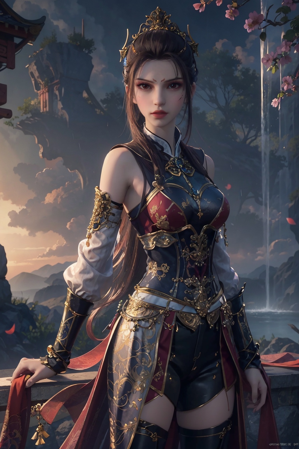masterpiece,best quality,official art,extremely detailed CG unity 8k wallpaper,1girl,angry, looking at viewer,full body, chinese clothes,horseback riding, light rays, caustics, light particles, shiny skin, waterfall, petals,  <lora:岐王:0.55>
