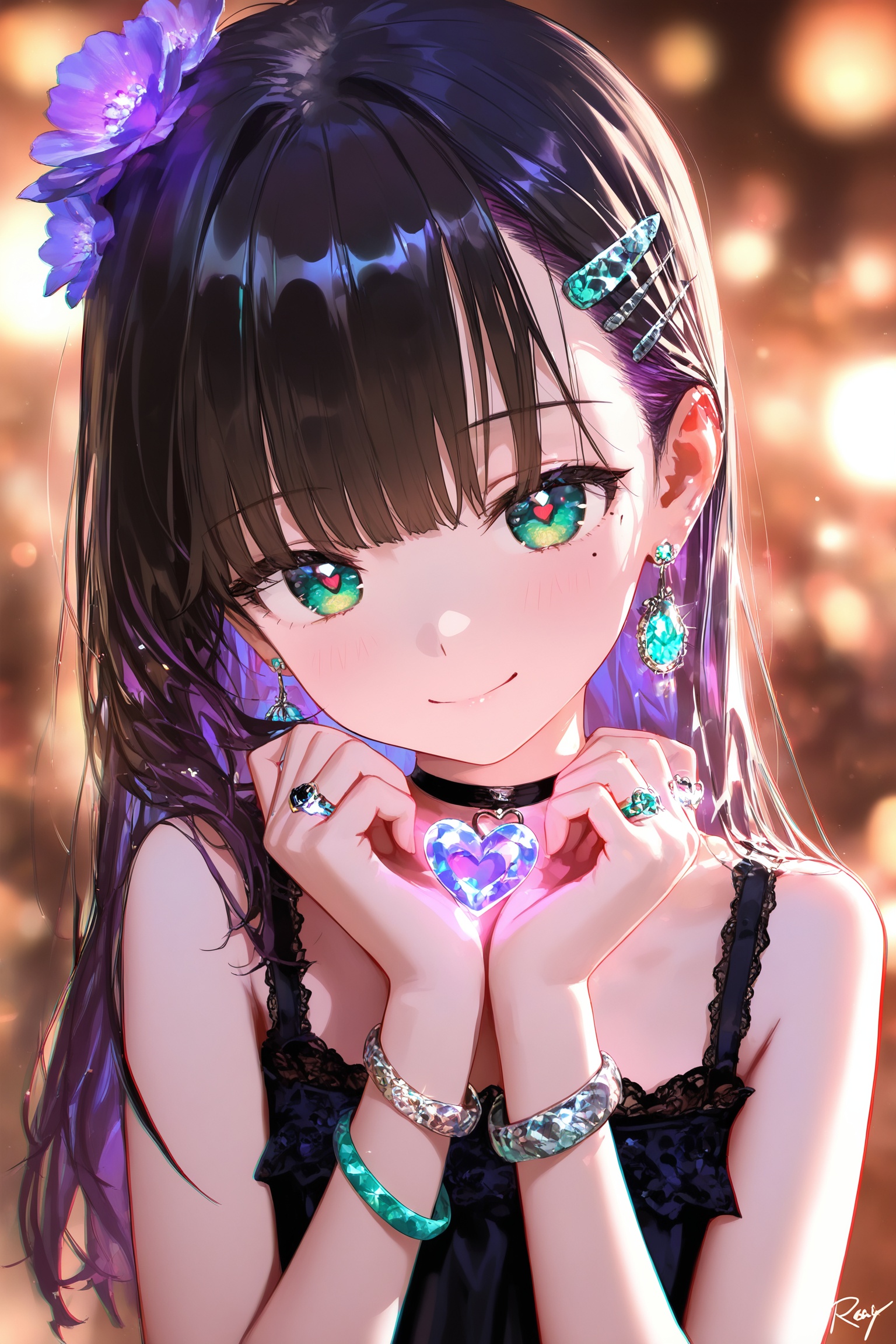 masterpiece,best quality,high quality,loli,chromatic_aberration,Light Blue Theme,//,1girl,jewelry,flower,solo,earrings,green eyes,mole under eye,looking at viewer,choker,hair ornament,purple hair,mole,ring,smile,black choker,long hair,closed mouth,bracelet,hairclip,multicolored hair,upper body,purple flower,signature,bare shoulders,hands up,heart,black hair,//,year_2023,year_2024,//,official art,depth of field,detailed light,blurry background,cinematic lighting,ray tracing,amazing quality,very aesthetic,absurdres,beast quality,ultra detailed,