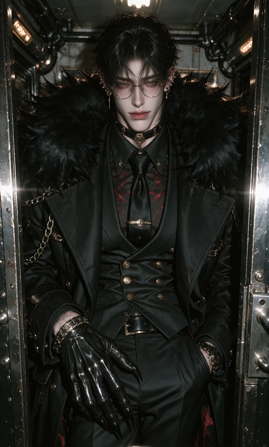 A dark-haired male with glasses and multiple ear piercings sits framed by a metallic doorway,  clad in an all-black ensemb...