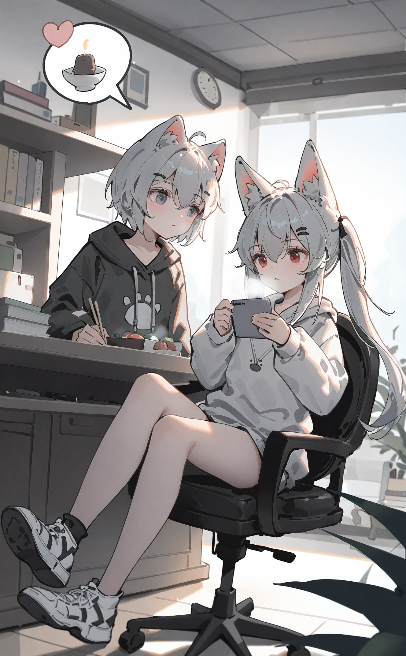 masterpiece,very aware,highres,absurdres,newest,best quality,loli,petite,high quality,chromatic_aberration,cinematic_angle,dutch angle,//,artist:ciloranko,artist:ningen_mame,artist:sho_(sho_lwlw),artist:rhasta,artist:wlop,artist:ke-ta,artist:hiten \(hitenkei\),//best, multiple girls, animal ears, 2girls, clock, hoodie, hood, indoors, red eyes, shoes, black hoodie, hairclip, white hoodie, holding, shoe soles, grey hair, hair ornament, short hair, animal ear fluff, letterboxed, food, white footwear, sitting, cat ears, long hair, speech bubble, book, hood down, blurry, fox ears, long sleeves, wall clock, white hair, grey eyes, chair, window, spoken object, ahoge, sneakers, eating, chopsticks, depth of field, cup, fox girl, hair between eyes, phone, grey hoodie, plant, blurry foreground, potted plant, table, shelf, sushi, spoken food, puffy sleeves, closed mouth, white jacket, holding chopsticks, bookshelf, tail, doughnut, puffy long sleeves, stuffed toy, cat girl, pen, twintails, looking at another, on chair, fish (food), blue eyes, black eyes, drawstring, jacket, digital clock, steam, white sweater, desk, blurry background, borrowed character, holding pen, office, calendar (object), spoken character, cellphone, stuffed animal, paper, expressionless, hairpin, office chair, swivel chair, bowl, book stack, holding phone, parted lips<lora:lp47-000020:0.8>,