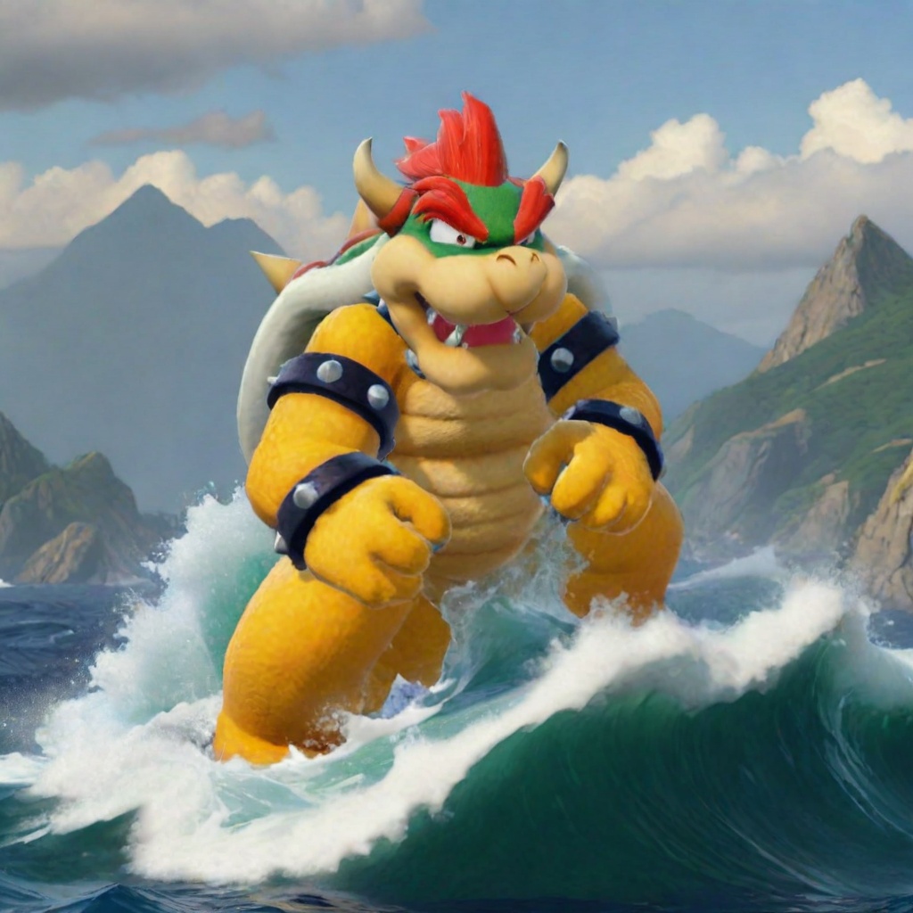 Bowser climbing the water mountain on the sea,  realistic on Tensor.Art