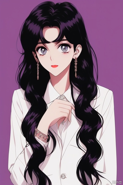 mnmhf,1girl, jewelry, solo, earrings, black hair, long hair, purple eyes, red lips, shirt, lipstick, looking at viewer, collared shirt, formal, makeup, white shirt, upper body, jacket, black jacket, grey background, suit, portrait<lora:EMS-344925-EMS:0.800000>