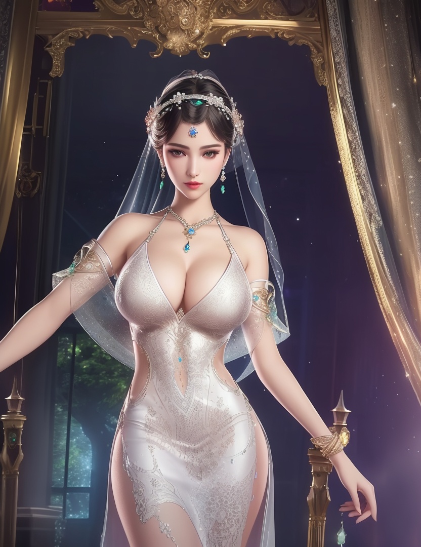 ultra realistic 8k cg, picture-perfect face, flawless, clean, masterpiece, professional artwork, famous artwork, cinematic lighting, cinematic bloom, perfect face, beautiful face, fantasy, dreamlike, unreal, science fiction,  beautiful clothes, lace, lace trim, lace-trimmed legwear,  (rich:1.4), prestige, luxury, jewelry, diamond, gold, pearl, gem, sapphire, ruby, emerald, intricate detail, delicate pattern, charming, alluring, seductive, erotic, enchanting, hair ornament, necklace, earrings, bracelet, armlet,halo((,1girl, pov,))(((,  1girl,  solo,looking at viewer, ))),(((1girl, solo, dress, jewelry,large breasts, )))<lora:DA_WhiteSnakeGreenSnake:0.7>