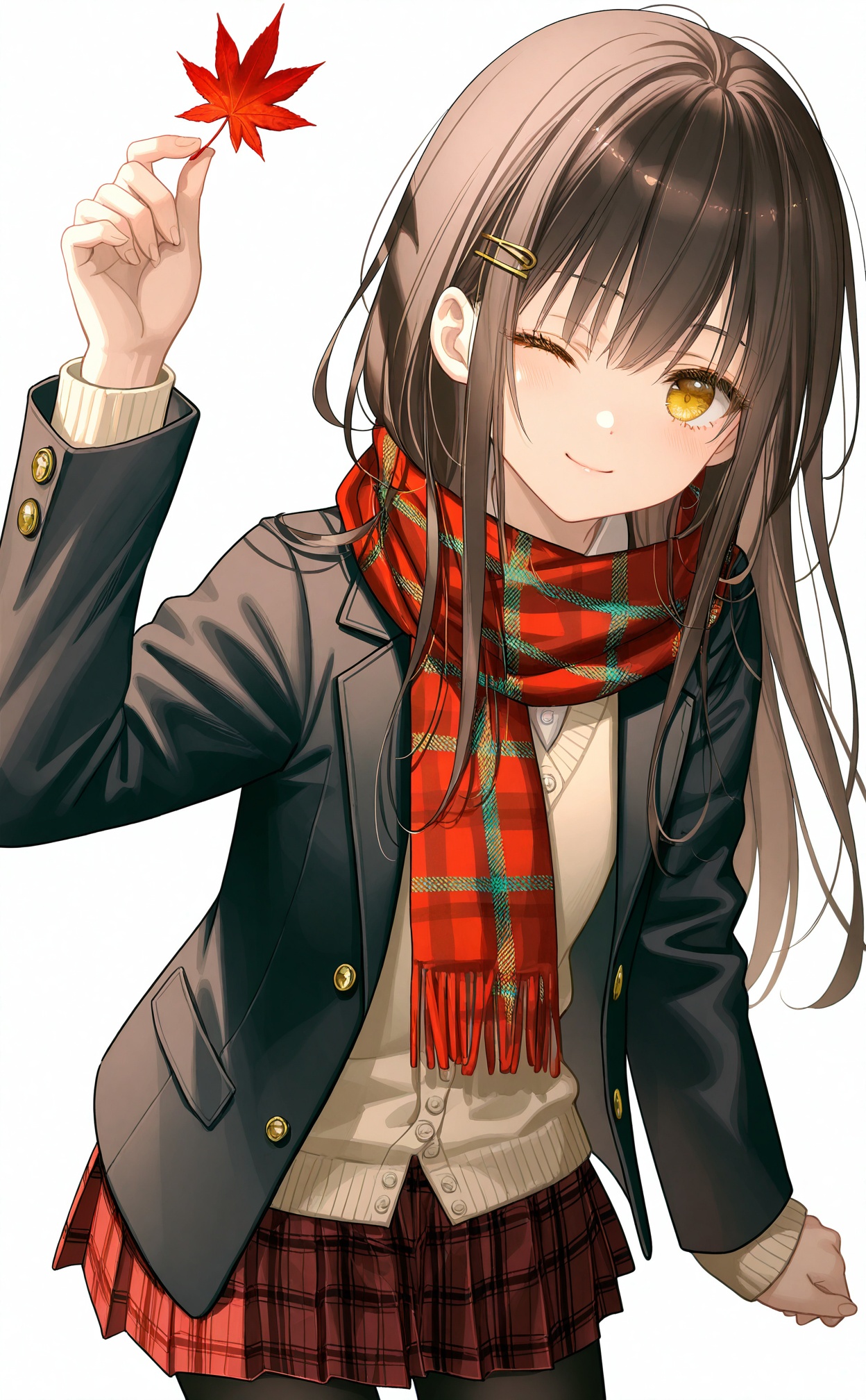 white_background,masterpiece,very aware,highres,absurdres,newest,best quality,loli,petite,high quality,chromatic_aberration,loli,loli,//,1girl, scarf, pantyhose, skirt, brown_hair, solo, one_eye_closed, long_hair, black_pantyhose, plaid, jacket, cardigan, looking_at_viewer, white_background, hair_ornament, brown_cardigan, red_skirt, maple_leaf, school_uniform, simple_background, blazer, autumn_leaves, leaf, blush, black_jacket, plaid_skirt, holding_leaf, plaid_scarf, brown_eyes, holding, smile, closed_mouth, long_sleeves, arm_up, open_clothes, pleated_skirt, feet_out_of_frame, shirt, hairclip, yellow_eyes, open_jacket, red_scarf//,photorealistic,Artist:na-ga,(quasarcake:0.2),(wanke:0.9),[Artist:chen bin],Artist:tidsean,[Artist:sk (askzy)],(artist:tokkyu:0.5),(artist:momoko \(momopoco\):0.5),himitsu_(hi_mi_tsu_2),//,//,<lora:千道センリ——【noob】hans:0.7>,