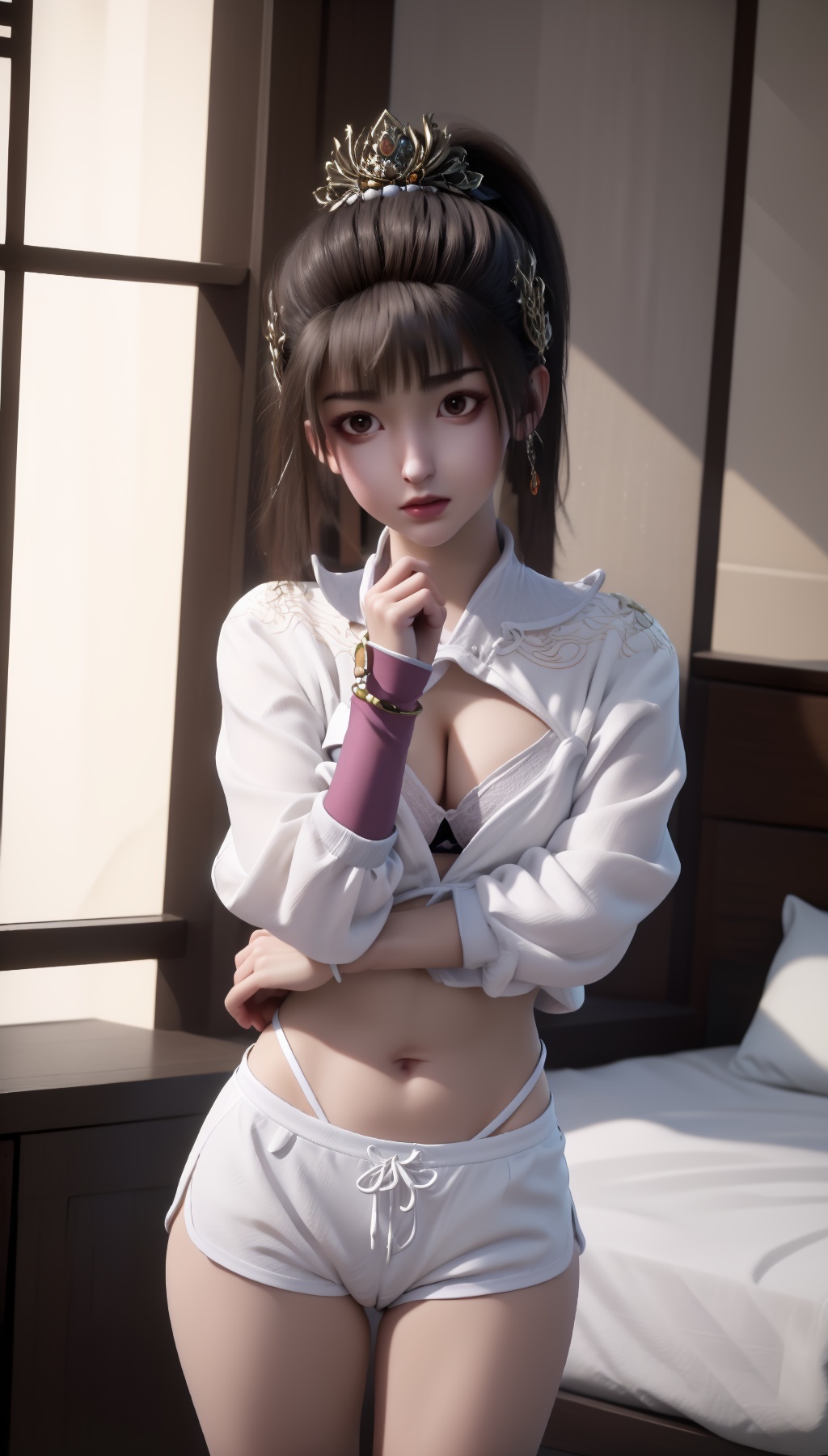 1girl,crop top,masterpiece,best quality,highly detailed,(cleavage),(camel toe),long hair,hair ornament,earrings,bracelet,(looking at viewer:1.5),white sweater,sleeves past wrists,luxury bedroom,indoor,sexy pose,(white dolphin shorts:1.2),medium breasts,standing,highleg panties,(seducive smile:0.7),ponytail,bangs