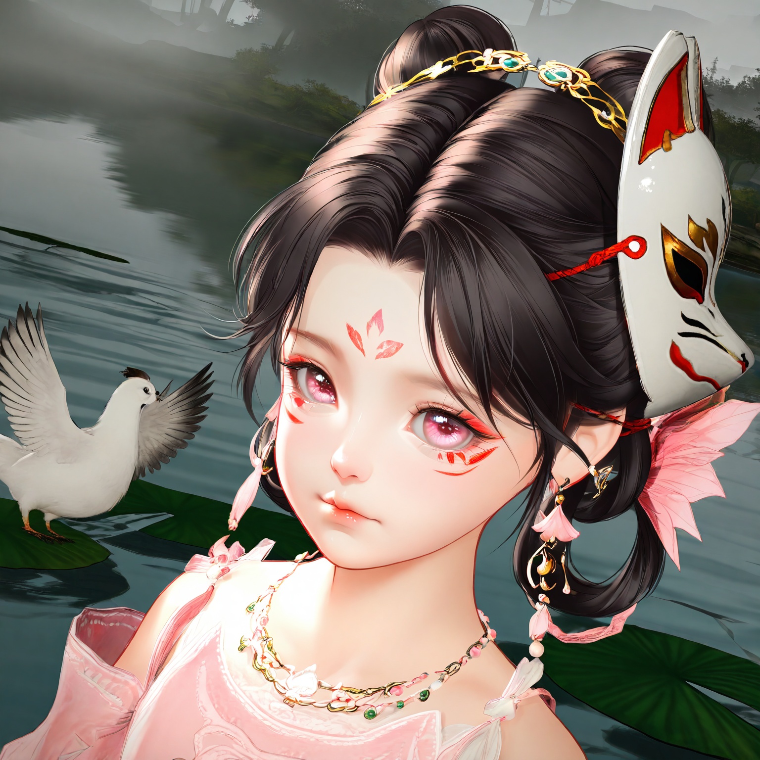 masterpiece,very aware,highres,absurdres,newest,best quality,loli,petite,high quality,chromatic_aberration,cinematic_angle,dutch angle,//,loli,1girl, bird, animal_on_head, on_head, facial_mark, solo, jewelry, bird_on_head, black_hair, pink_eyes, portrait, lily_pad, hair_ornament, mask, hair_rings, earrings, closed_mouth, animal, water, necklace, upper_body, mask_on_head, lake, looking_at_viewer, forehead_mark, outdoors, fox_mask, tree, double_bun, pond, chicken, lips, reflection//,official art,depth of field,detailed light,blurry background,best shadow,shiny skin,cinematic lighting,ray tracing,amazing quality,very aesthetic,absurdres,beast quality,ultra detailed,newest,8K,HDR,//,<lora:touxiang22——【noob】hans:1>,